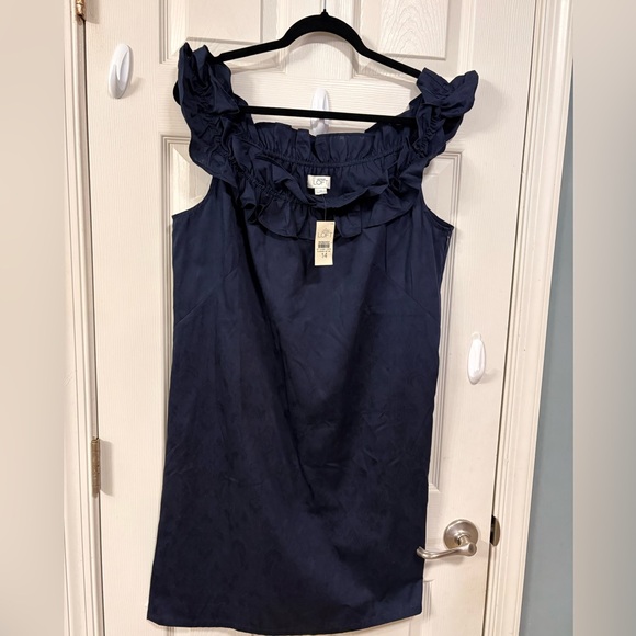 LOFT Navy mini with ruffle neckline Off shoulder Dress Vacation Dress Cocktail - Picture 3 of 7